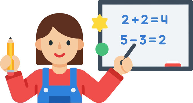 Happy student learning math with pencil and whiteboard showing simple equations