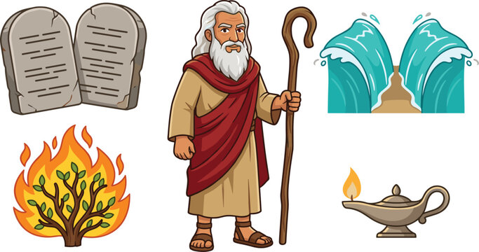 Moses Biblical Prophet Character Vector Set with Ten Commandments Stone Tablets Parting Red Sea Burning Bush and Oil Lamp Icons