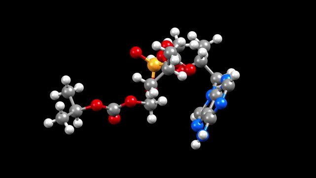Structure of tenofovir disoproxil, an antiretroviral medication. Animated 3D ball-and-stick and spacefill models, black background
