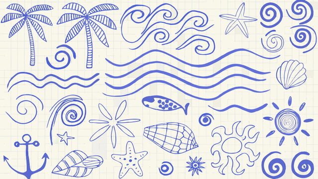 Nautical Sketch Collection Featuring Palm Trees Waves Starfish And Shells In Blue Line Art beachcombing blue ink coastal