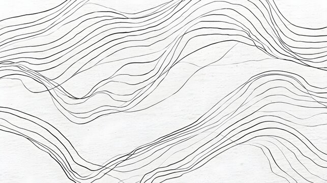 Abstract minimalist line art background with black wavy lines hand drawn on a white textured wall