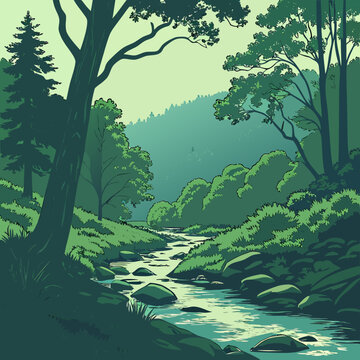 Serene forest stream with clear water flowing over rocks and surrounded by lush greenery and tall trees greenery environment wilderness ecosystem biodiversity landscape vegetation wildlife