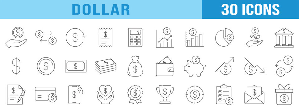 collection of dollar icons, editable stroke.	