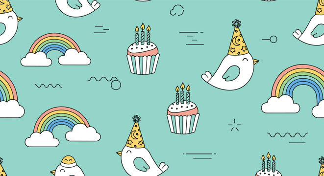 Playful seamless pattern of cute birds wearing birthday party hats, cupcakes with burning candles, and colorful rainbows.