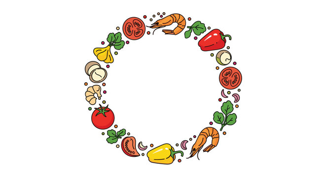 Colorful round frame of cooking ingredients including fresh vegetables and shrimp, ideal for recipe menus or flyers.
