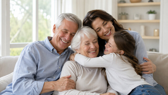 Grandparents receiving warm family hug near bright home window