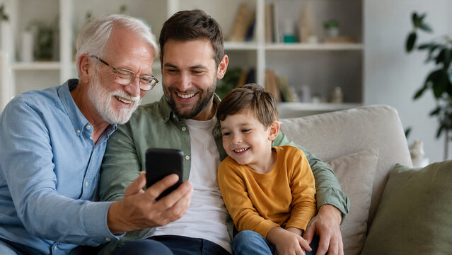 Grandfather recording video message with adult son and grandchild on sofa