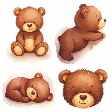 Four illustrations of a cartoon brown bear in different poses including sitting lying down sleeping and a closeup portrait