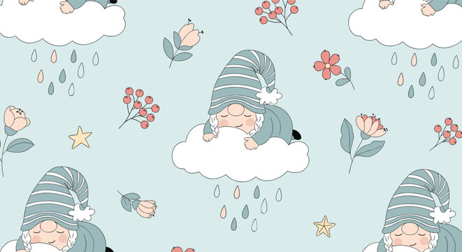 Adorable sleeping gnomes on clouds seamless pattern with flowers, berries, and stars on a soft blue background.