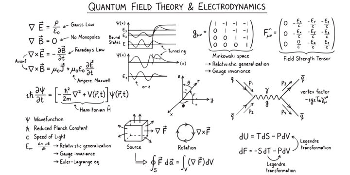 Handwritten quantum field theory and electrodynamics physics formulas and diagrams