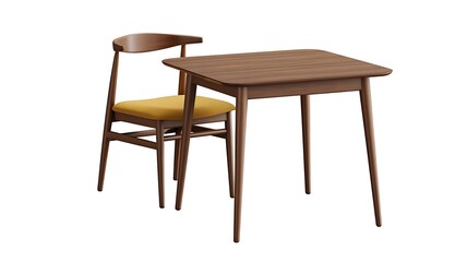 Fototapeta premium Modern dining set featuring a square wooden table and a single chair on white