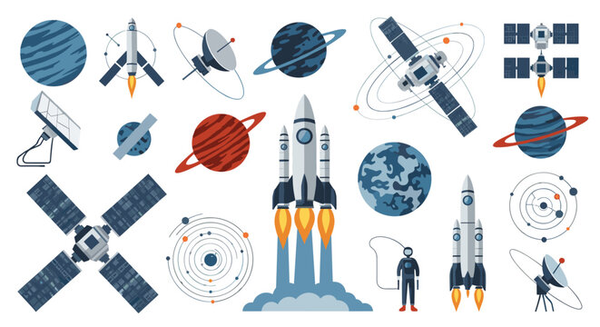 Retro flat style space collection featuring launching rockets, satellites, planets, astronaut, and orbits.