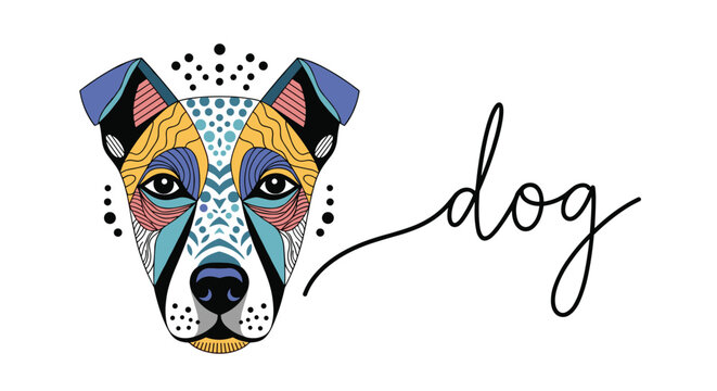 Abstract colorful geometric dog head illustration with modern patterns and the word dog in elegant cursive.