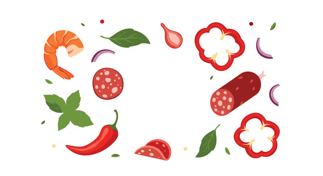 Fresh pizza food ingredients like shrimp, salami, hot chili pepper, and green basil leaves arranged in a beautiful frame.