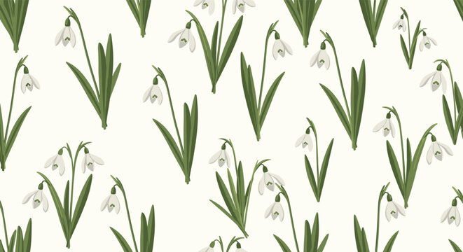Delicate spring white snowdrop flowers with long green leaves in a seamless pattern on light cream background.