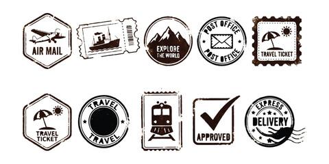 Set of vintage travel stamps and postal postmarks with various transport and holiday themes © md