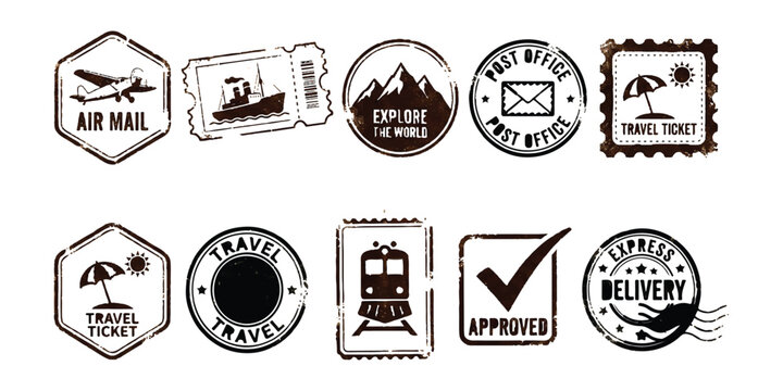 Set of vintage travel stamps and postal postmarks with various transport and holiday themes