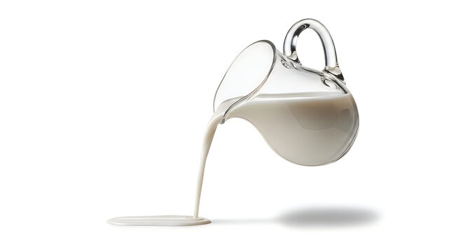 Glass jug pouring milk liquid on white surface in kitchen