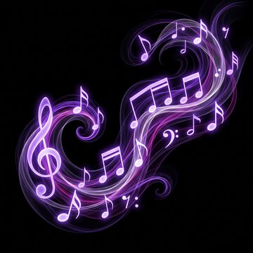 Abstract flowing purple musical notes and treble clef on dark background, creative design