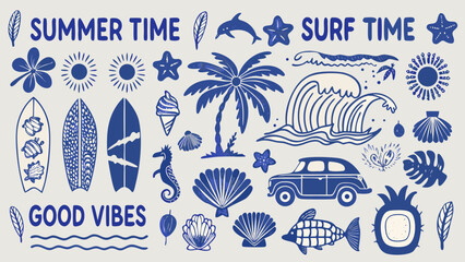 Collection of surfboards seashells palm leaves and other beach elements in a blue vector illustration surfboard seashell © Subadchandra