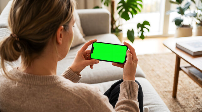 Woman holding mobile phone in horizontal orientation with green screen mockup at home, person using smartphone for streaming, mobile gaming or video content browsing on couch.
