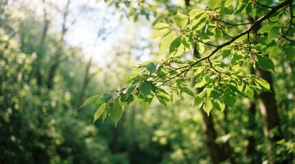Fototapeta premium Lush green foliage sunlight filtering through fresh spring leaves on a branch in forest