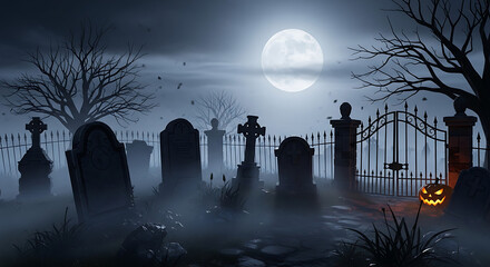 Fototapeta premium Spooky graveyard scene with tombstones trees and jackolantern on foggy night under full moon transparent background