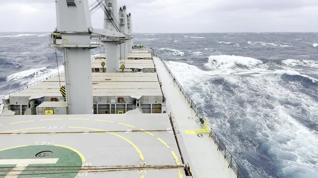 cargo ship proceeding at open ocean in heavy stormy weather condition. high waves and strong wind. power of nature.