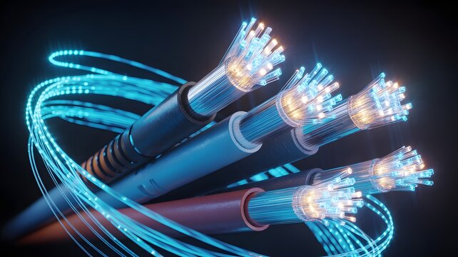 Fiber optic cables with glowing data streams high speed network technology