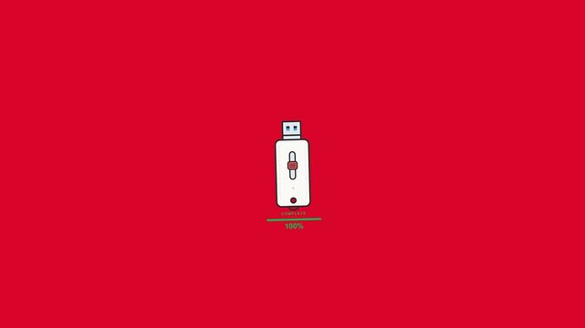 Usb flash drive digital interface displays a progressive loading bar animation that transitions to complete status in this motion video