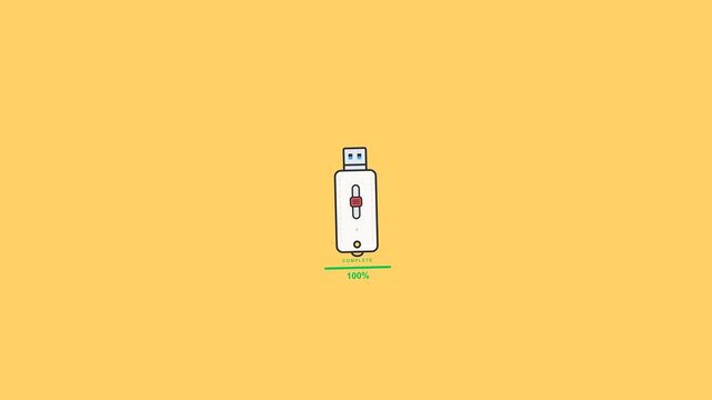 Usb flash drive icon animation showing a progress bar filling up to completion in this minimalist digital motion graphic clip