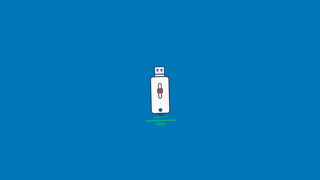 White usb flash drive icon shows a loading progress bar animation on a vibrant blue background for digital video