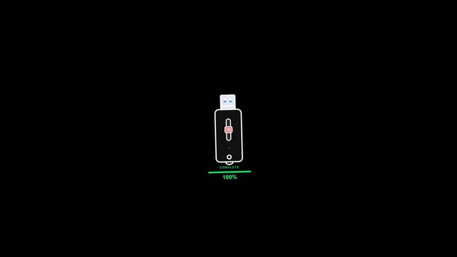 Digital usb drive loading progress animation shows data transfer status with a green completion bar in this motion video clip