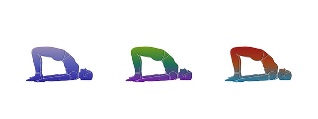 Three people doing bridge yoga pose in colorful gradients