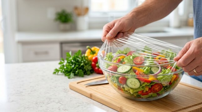 Fresh vegetable salad bowl covered with transparent plastic wrap to preserve freshness in a home kitchen. Food storage, meal prep, leftovers and kitchen hygiene concept