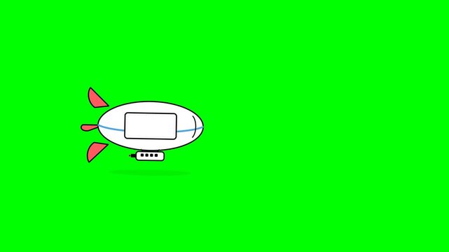 Animated white dirigible airship with red fins floats steadily through empty space in this simple two dimensional digital motion video