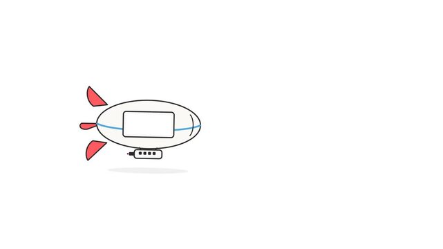 Blimp airship floating through the sky features a simple flat design with bright red fins in this motion animation video