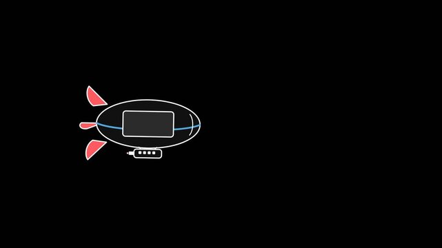 Blimp animation featuring a stylized airship with vibrant red fins and a dark central window moving smoothly in video footage