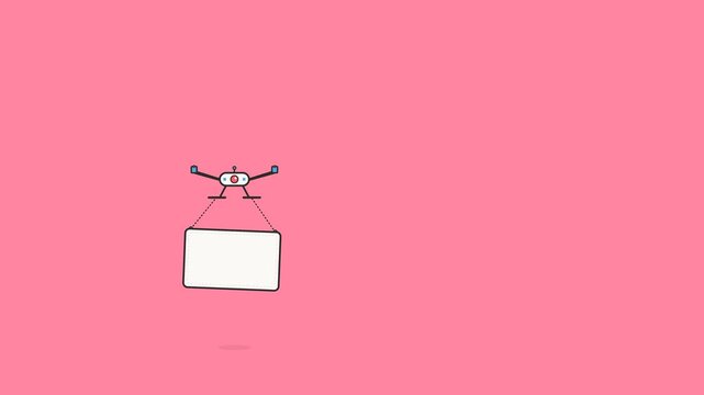 Autonomous delivery drone carrying a blank white sign for advertising motion graphics in this simple flat vector style animation