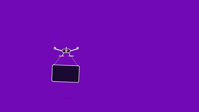 Futuristic autonomous delivery drone carries a rectangular box through vibrant purple space in this seamless flat vector animation video footage
