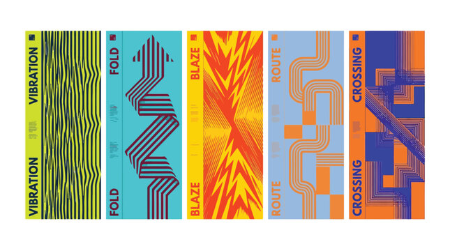 Abstract geometric poster set with vibration, fold, blaze, route and crossing themes. Modern graphic design collection, vibrant vector banners for branding.