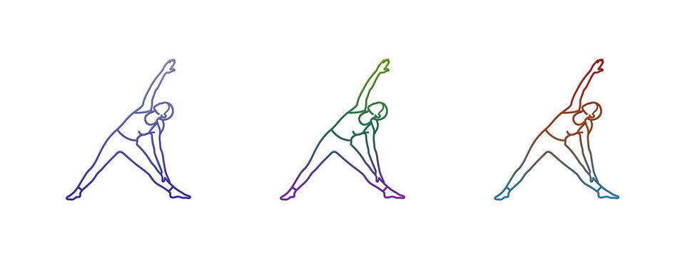 Woman doing yoga triangle pose line art vector set