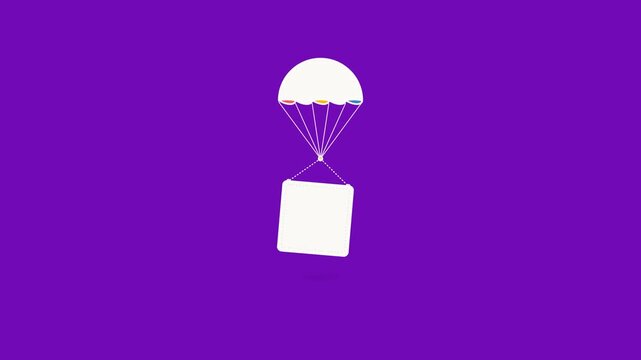 White parachute carries a blank square container through the air in this minimalist digital motion graphic animation video clip