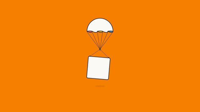 Minimalist white square box descending slowly with an open parachute in this smooth digital animation video motion graphic clip