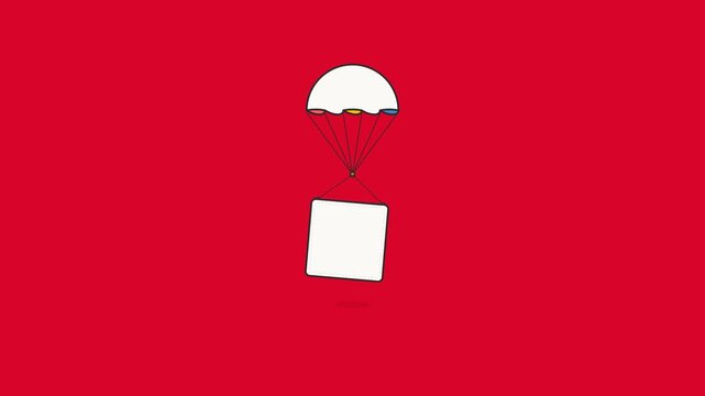 White square box descends slowly from the sky using a colorful parachute in this smooth minimalist digital motion video clip
