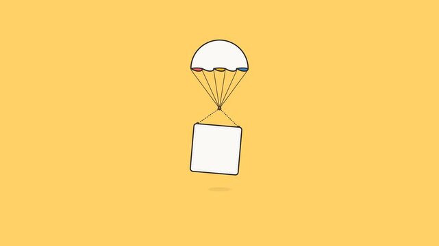 Minimalist white blank box descending slowly with parachute in this clean flat design motion graphic animation video clip