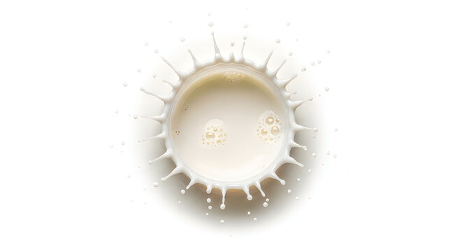 Milk splashing in circular motion with droplets flying around white background