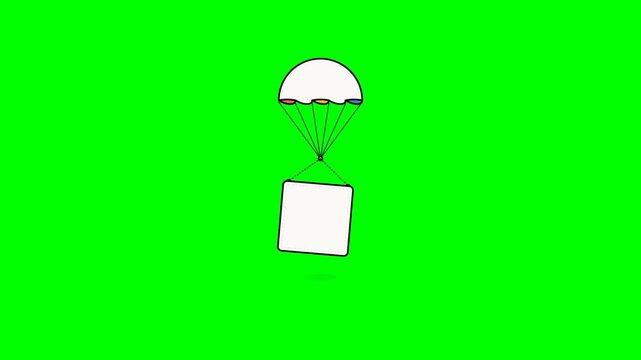 White square box floating gently downward using a minimalist parachute for this smooth digital animation motion video clip design