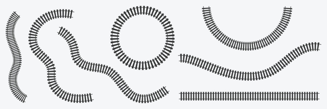 Set of railroad segment. rail road elements top view. train track straight and wavy lines, circle and oval frames isolated on white background. fence or stairs texture. vector graphic illustration . 