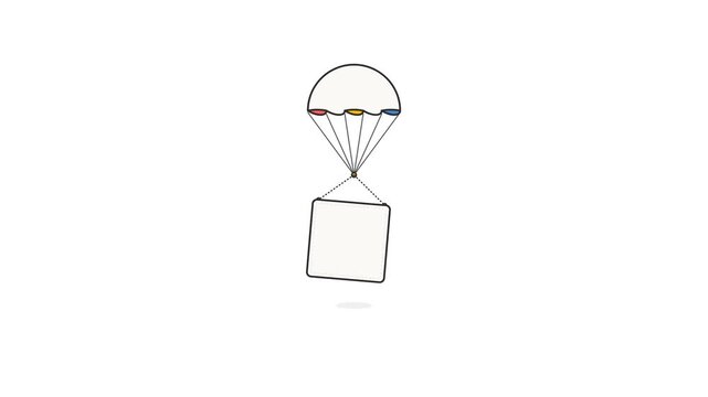 Minimalist square box descends through the air on a colorful parachute in this smooth digital animation motion video clip